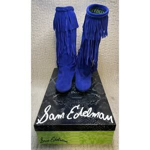 Sam Edelman Blue Suede Utah Fringe Boots 7M NEW BOX Knee High Western SW